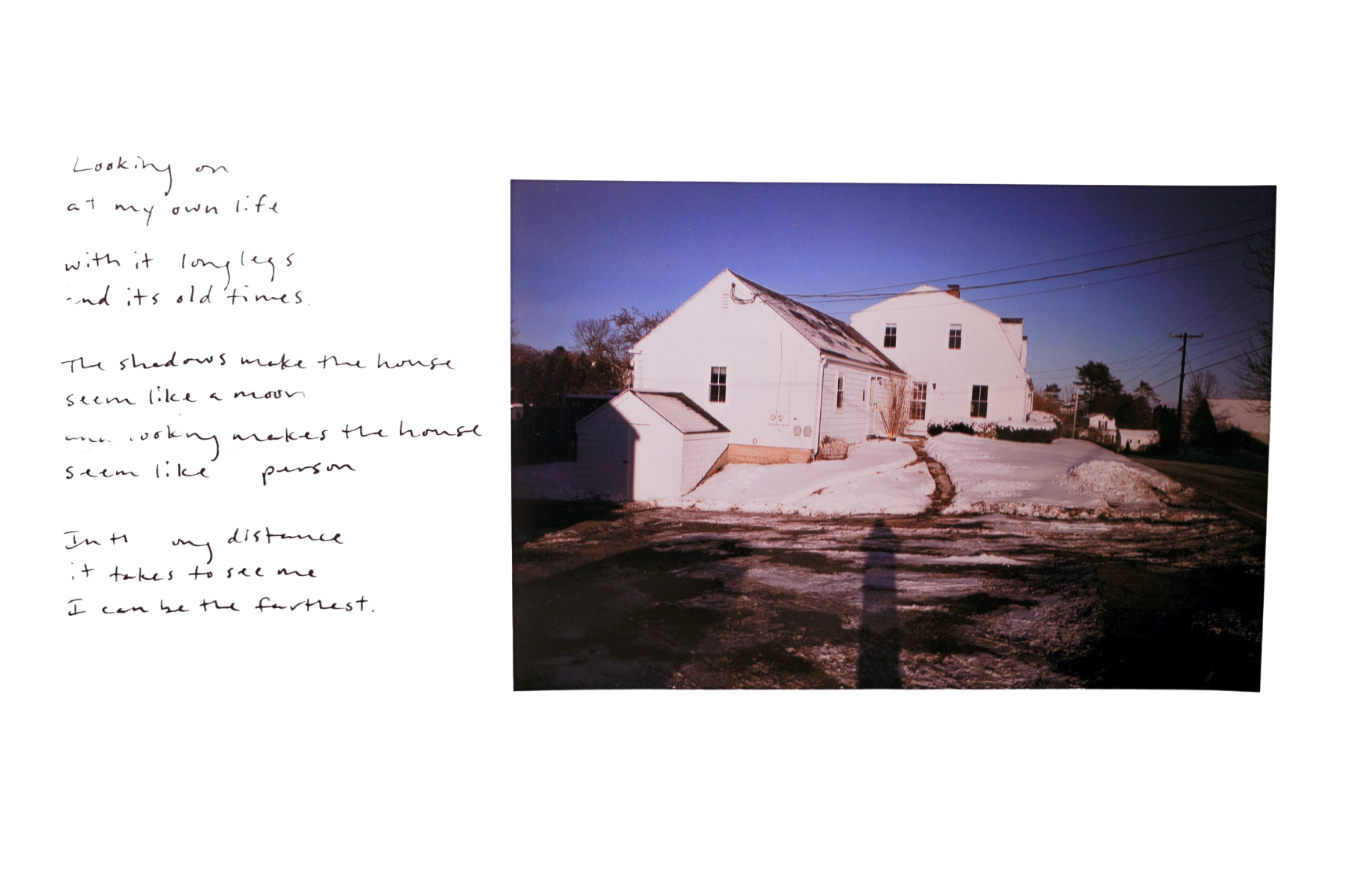 Lyric sheet and printed photograph, of a house in the snow and the shadow of the photographer, for the song Long Legs March 5 25 by Alex Silver.