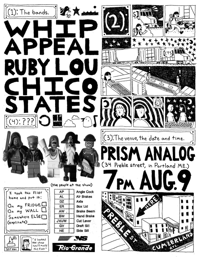 Black-and-white, hand-drawn, Legos/comics-themed show poster for Whip Appeal, Ruby Lou, and Chico States at Prism Analog on August 9th, 34 Preble Street, Portland, Maine.
