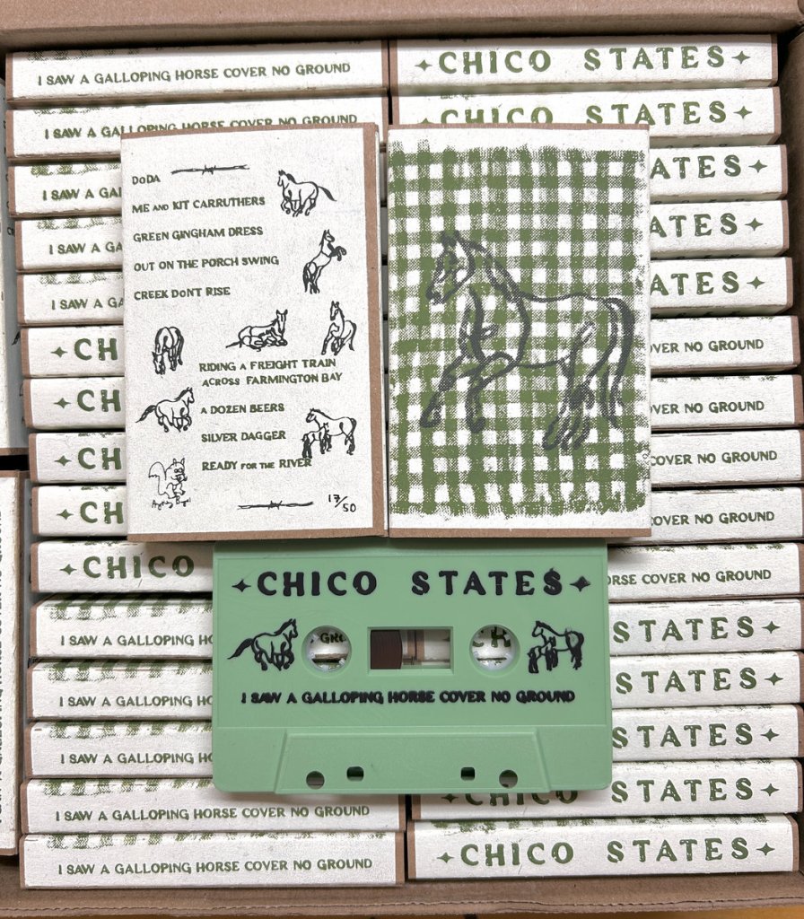 Box of tapes for Chico States' album I Saw A Galloping Horse Cover No Ground.