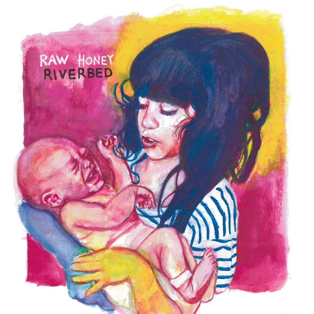 Painting by Jim Cherewick of Maggie Hopp as a child holding her baby brother. Purples and yellows predominate. Text reads, "Raw Honey. Riverbed."